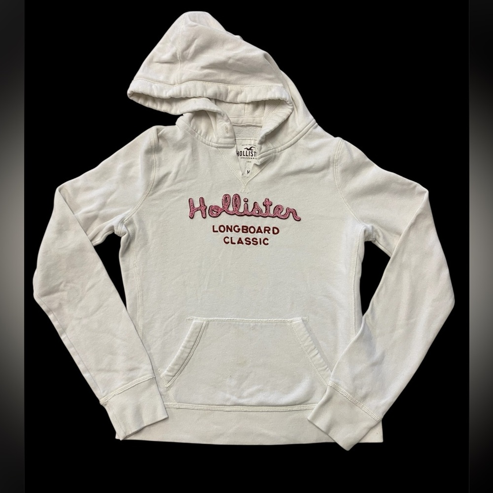 Hollister M Medium Hoodie White‎ Longboard Classic Embroidered V-Neck Pullover
